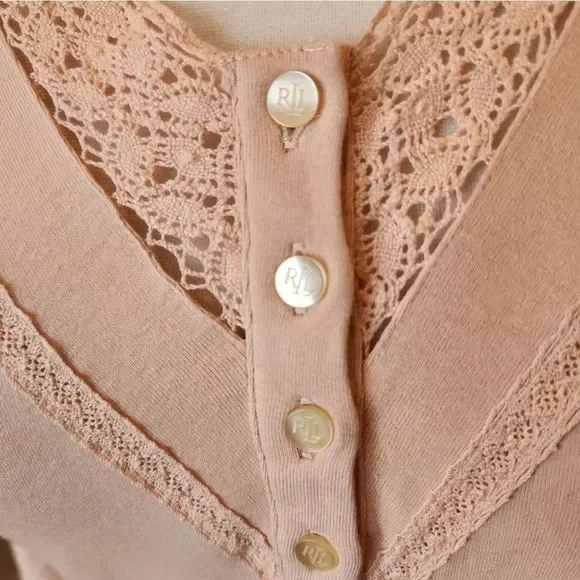 Ralph Lauren 3/4 sleeve Lace trim Henley pale pink - Picture 2 of 6